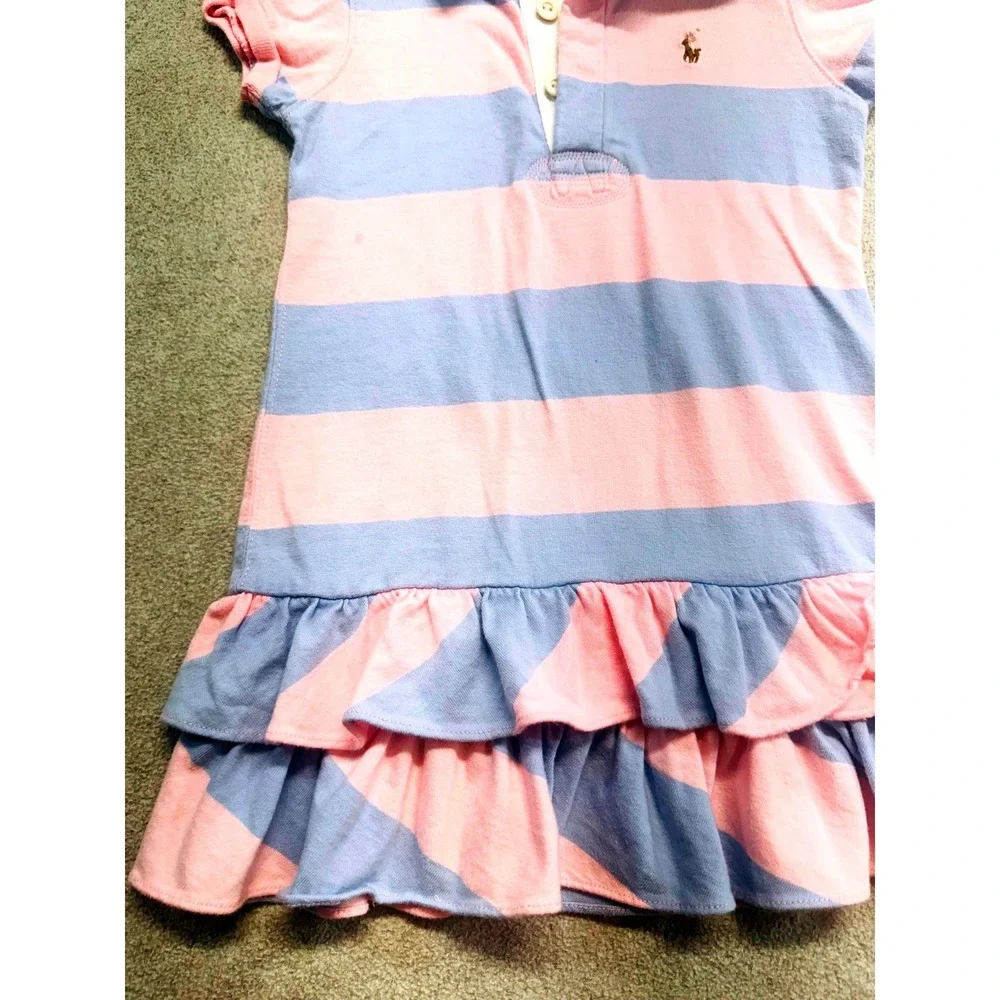Ralph Lauren Polo Dress Kids 3T Pink Blue Striped Ruffle Hem Short Sleeve Preppy